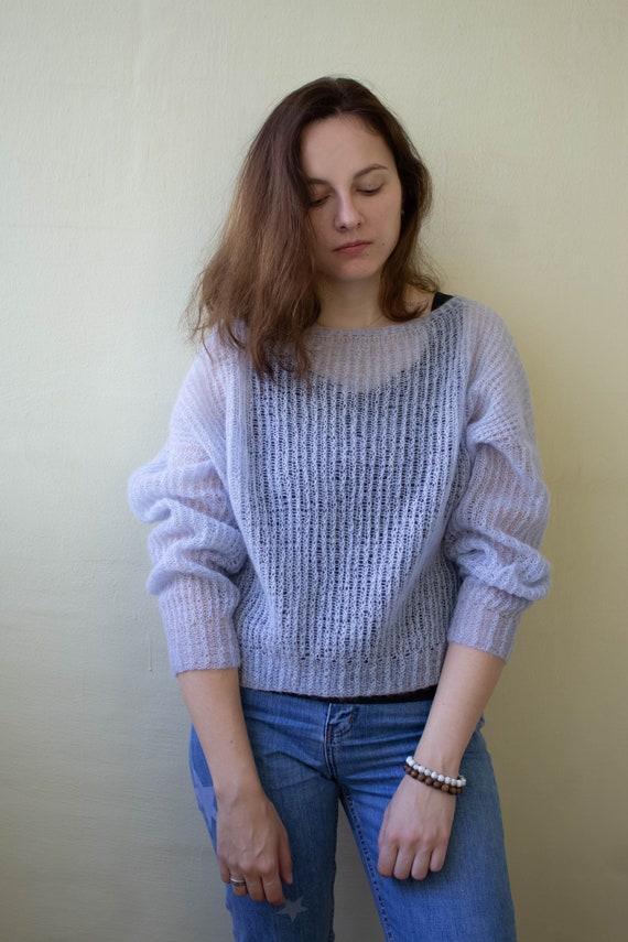 【きれいめファッション51選】上品さと清潔感をキープし Oversize Sheer Alpaca Short Sweater Jumper Sky Blue, Loose トップス