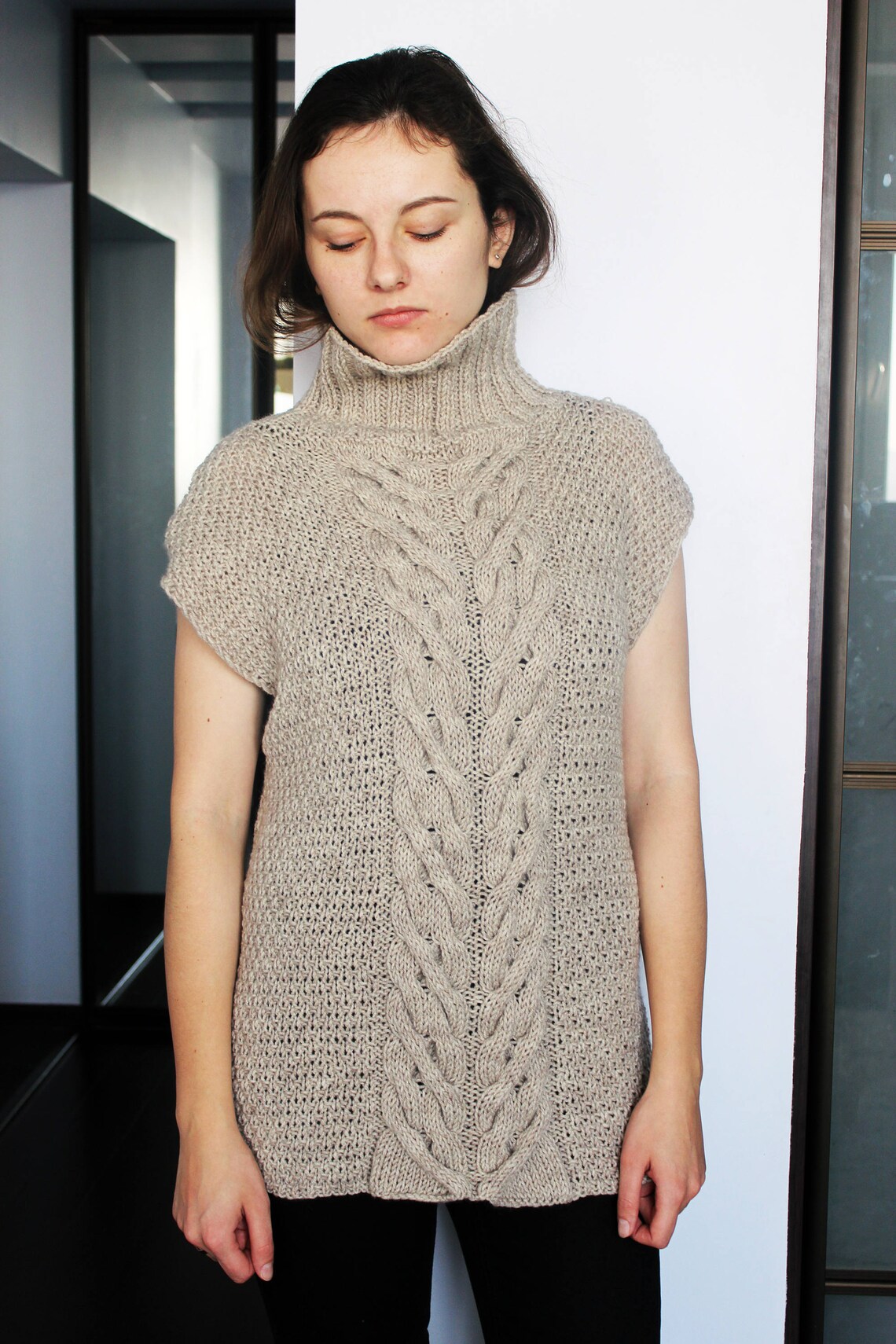 Cable Knit Turtleneck Sleeveless Sweater Vest Loose Fit Etsy