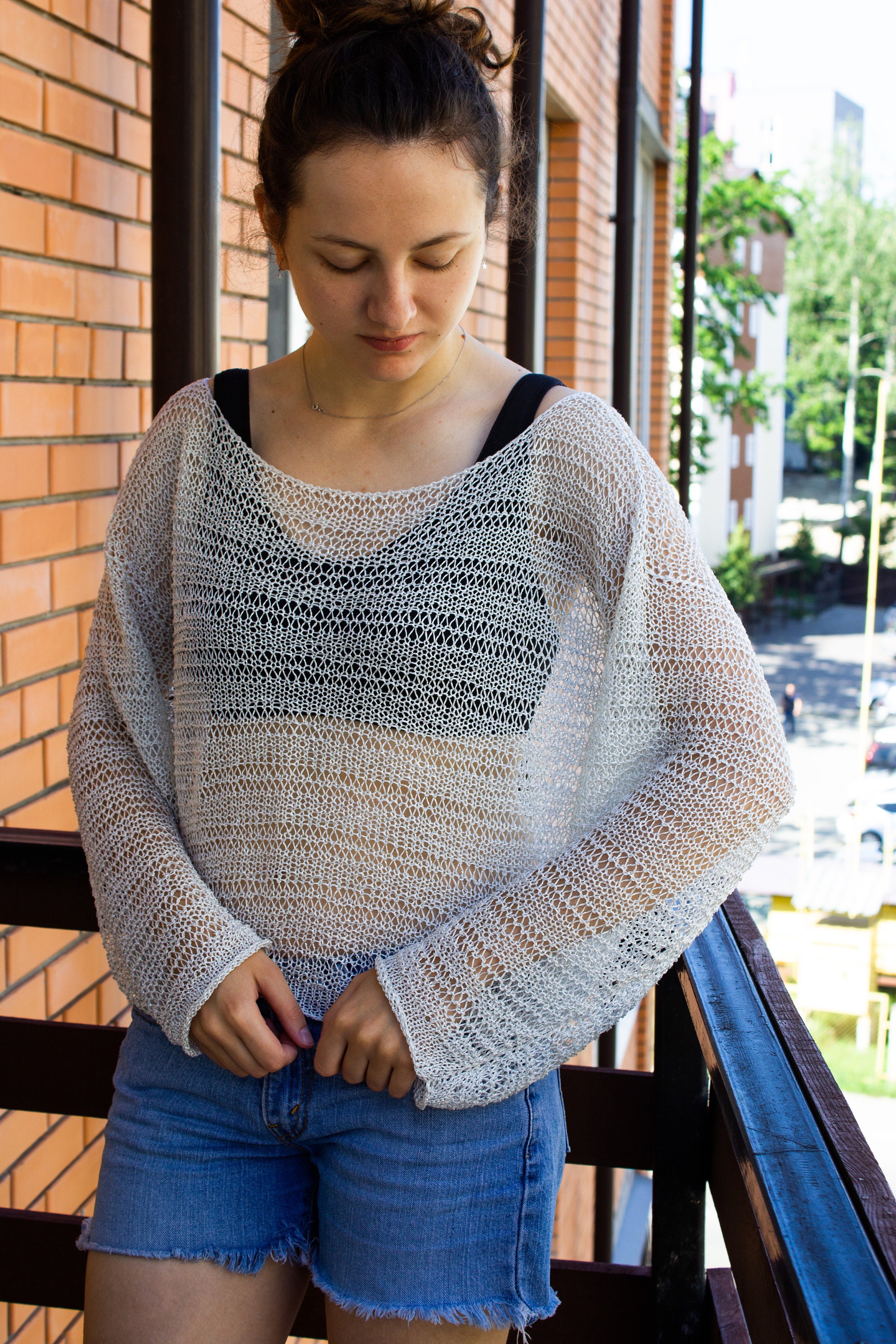 【COSYHARU】AS Look Linen Knit Oversize White Linen Silk Silver Lurex Shiny Sweater off