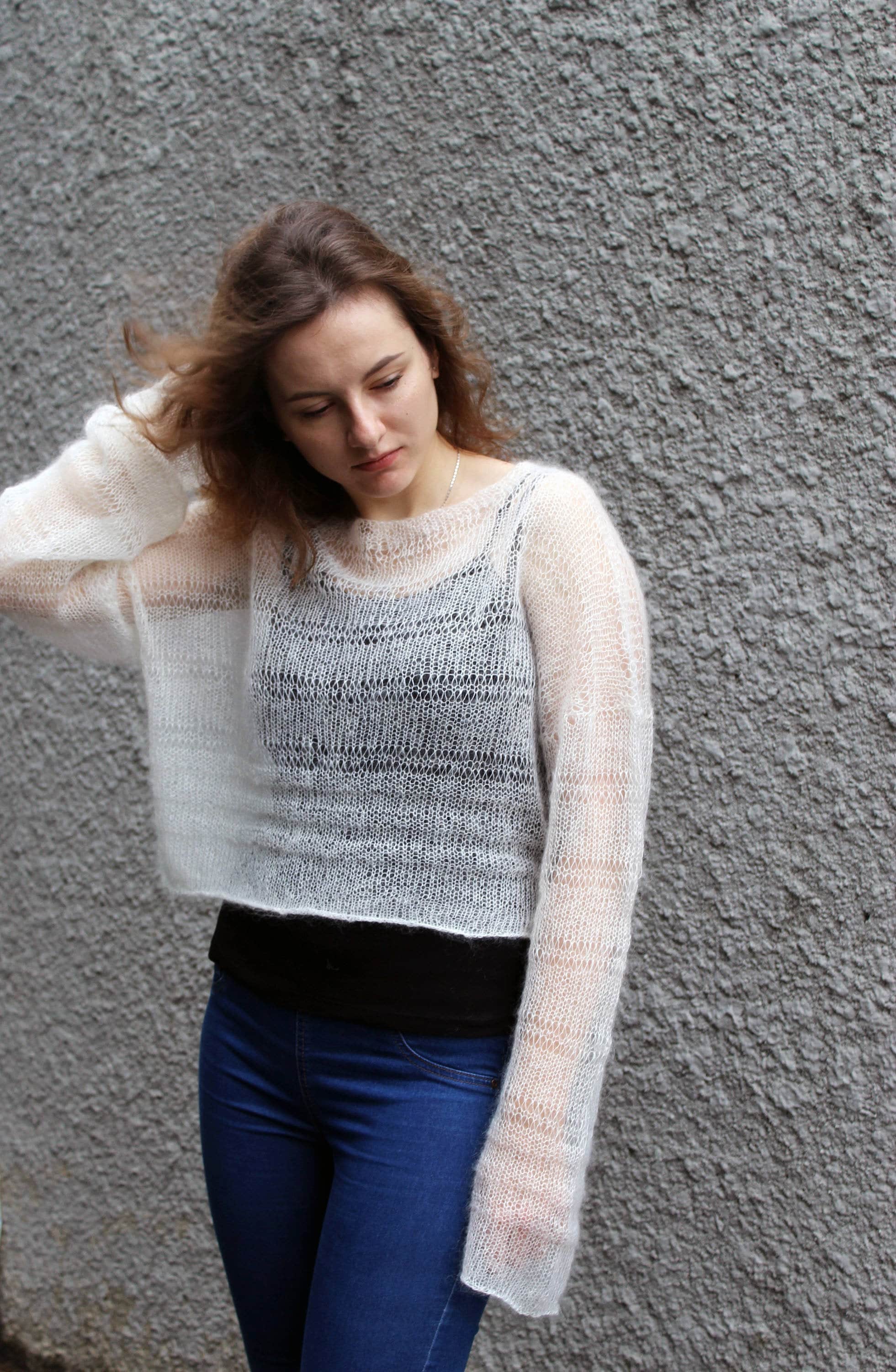 Oversized Sheer Mohair Cropped Sweater Jumper off White, Loose