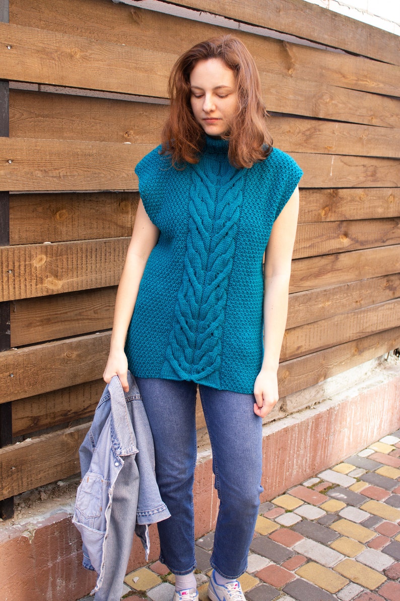 Cable Knit Chunky Turtleneck Sleeveless Sweater Vest, Turquoise Slouchy
