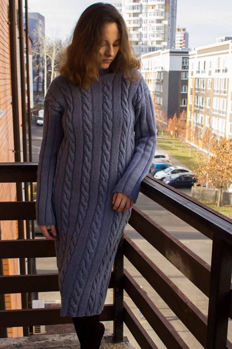 Cable Knit Turtleneck Long Sweater Dress Light Blue Loose Fit Etsy