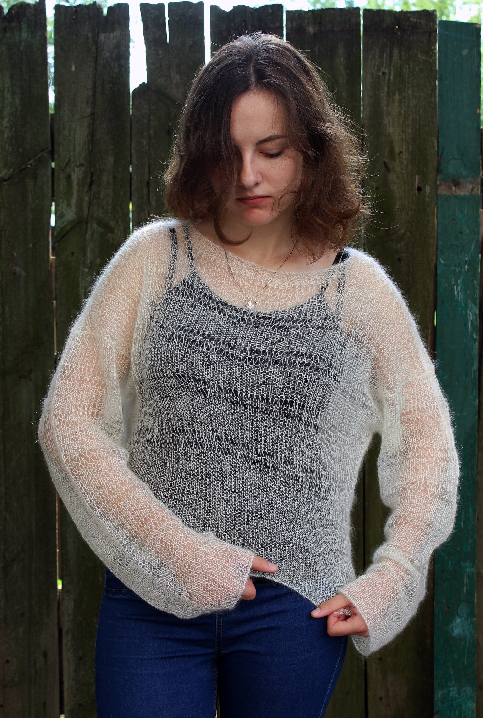 Oversized Sheer Mohair Cropped Sweater Jumper off White, Loose