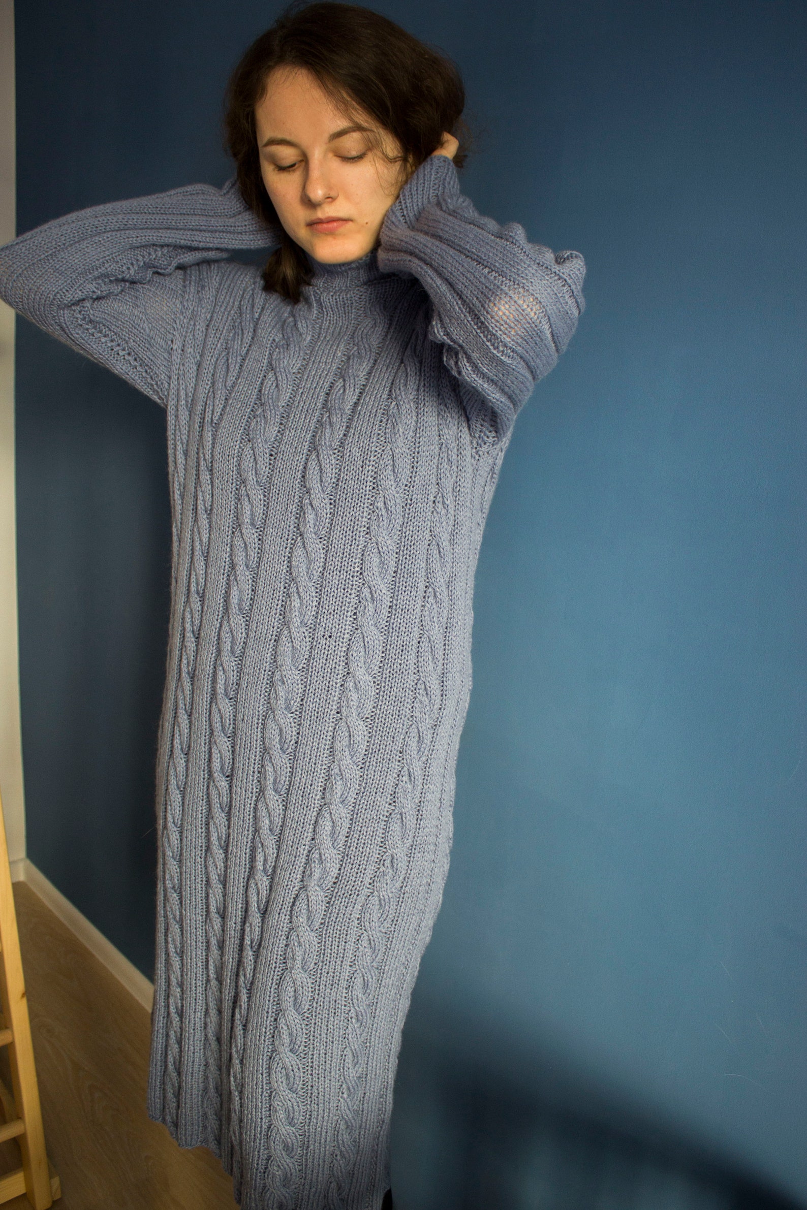 Cable Knit Turtleneck Long Sweater Dress Light Blue Loose Fit Etsy