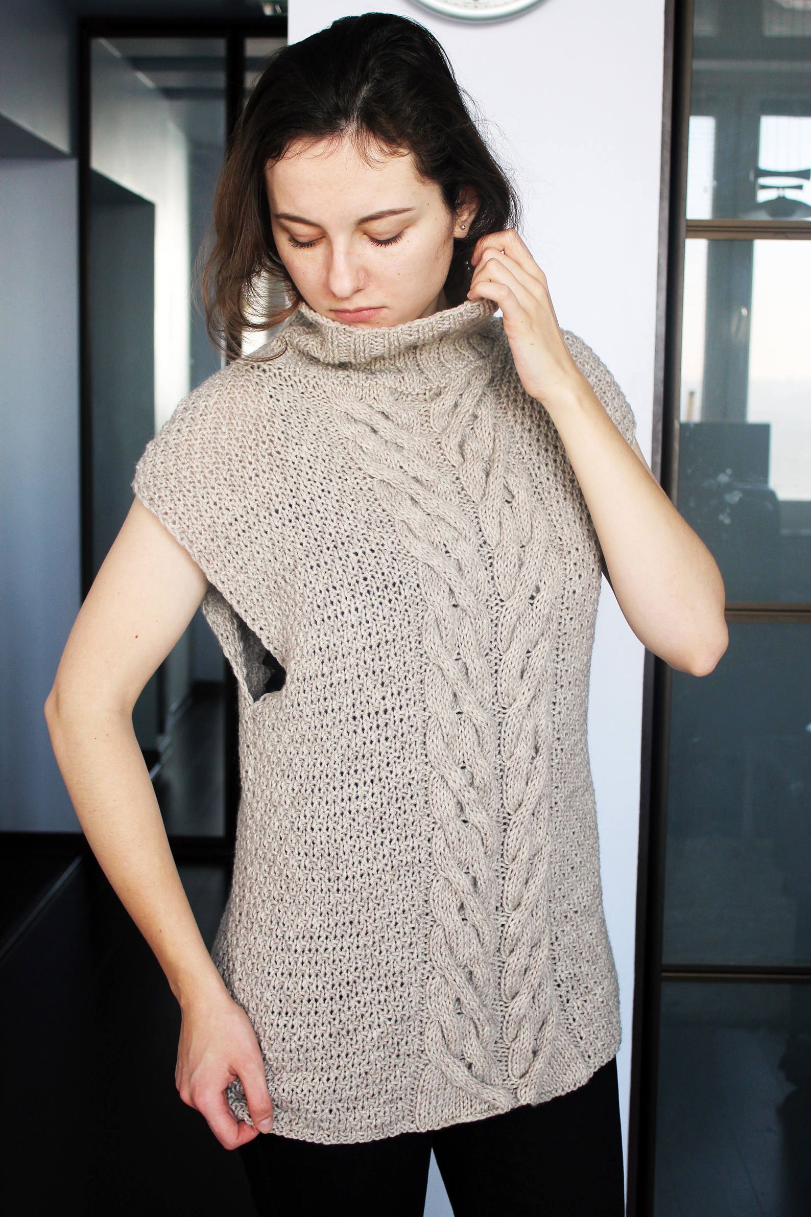 Cabled turtleneck sleeveless sweater vest Cable knit slouchy Etsy