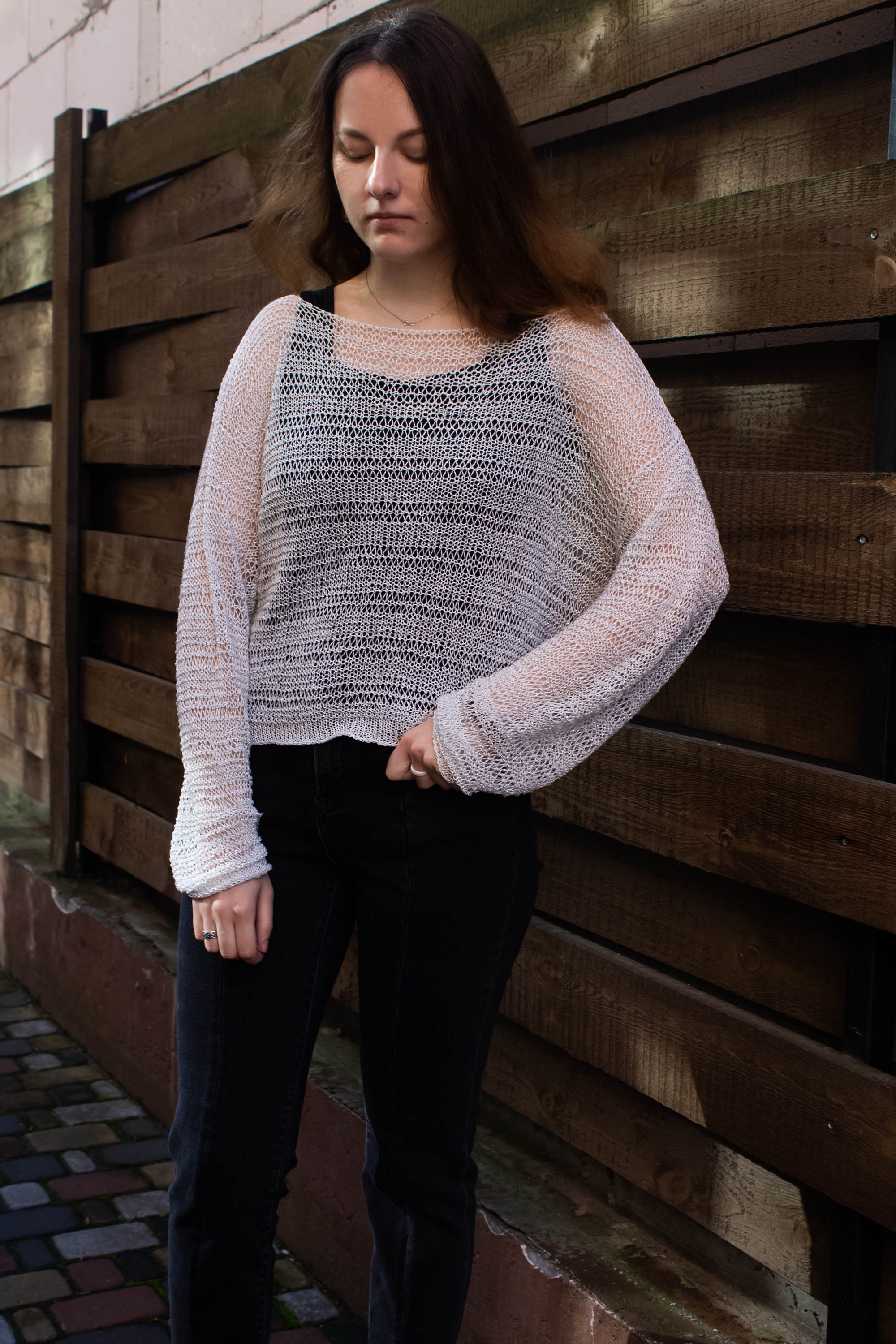 【COSYHARU】Linen Blend Semi Overfit Knit Oversize White Linen Silk Silver Lurex Shiny Sweater off