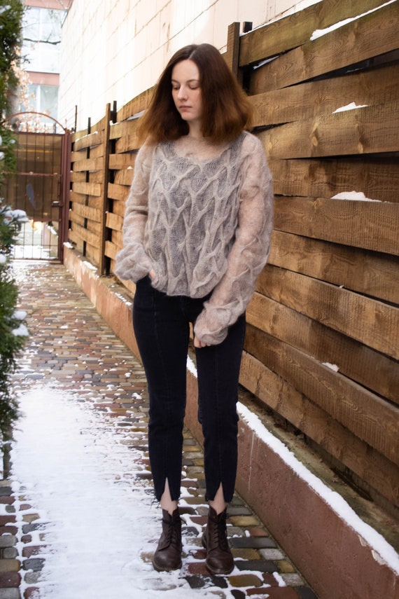 Oversize Cable Knit Airy Mohair Sweater Sheer Boho Wedding Jumper