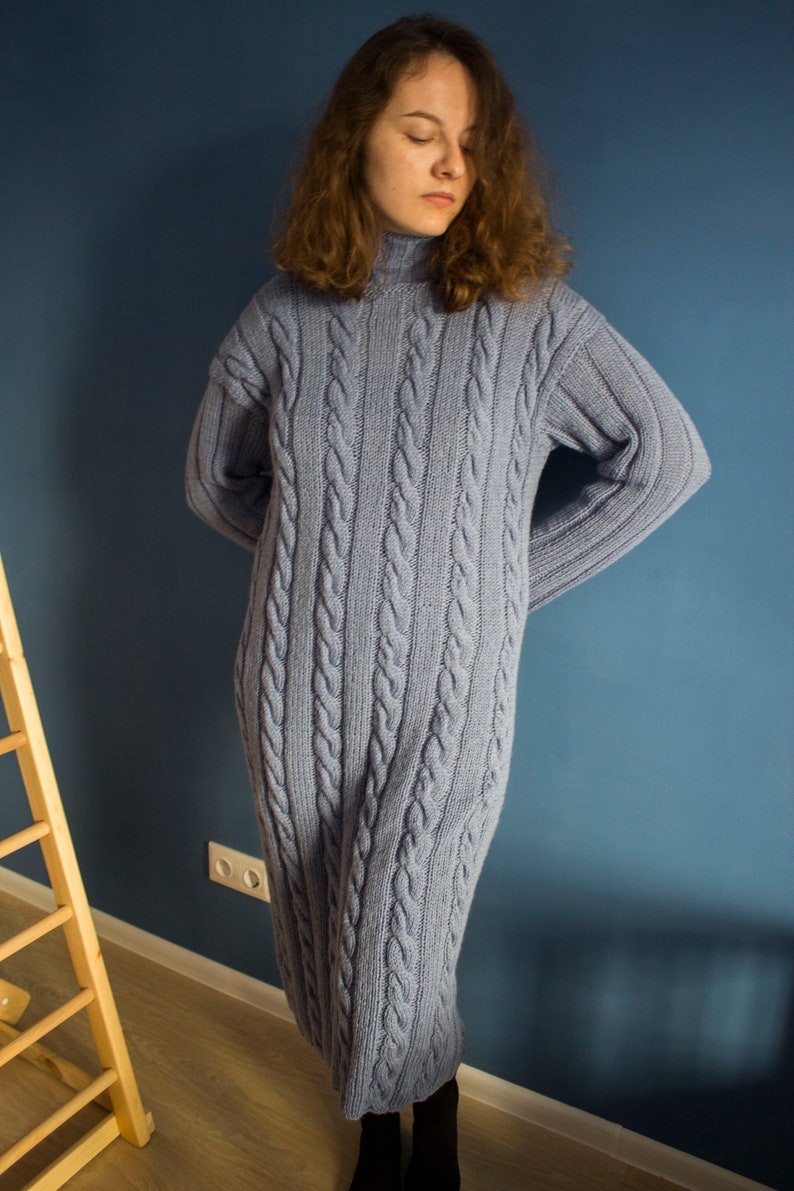 Cable knit turtleneck long sweater dress light blue Loose fit Etsy