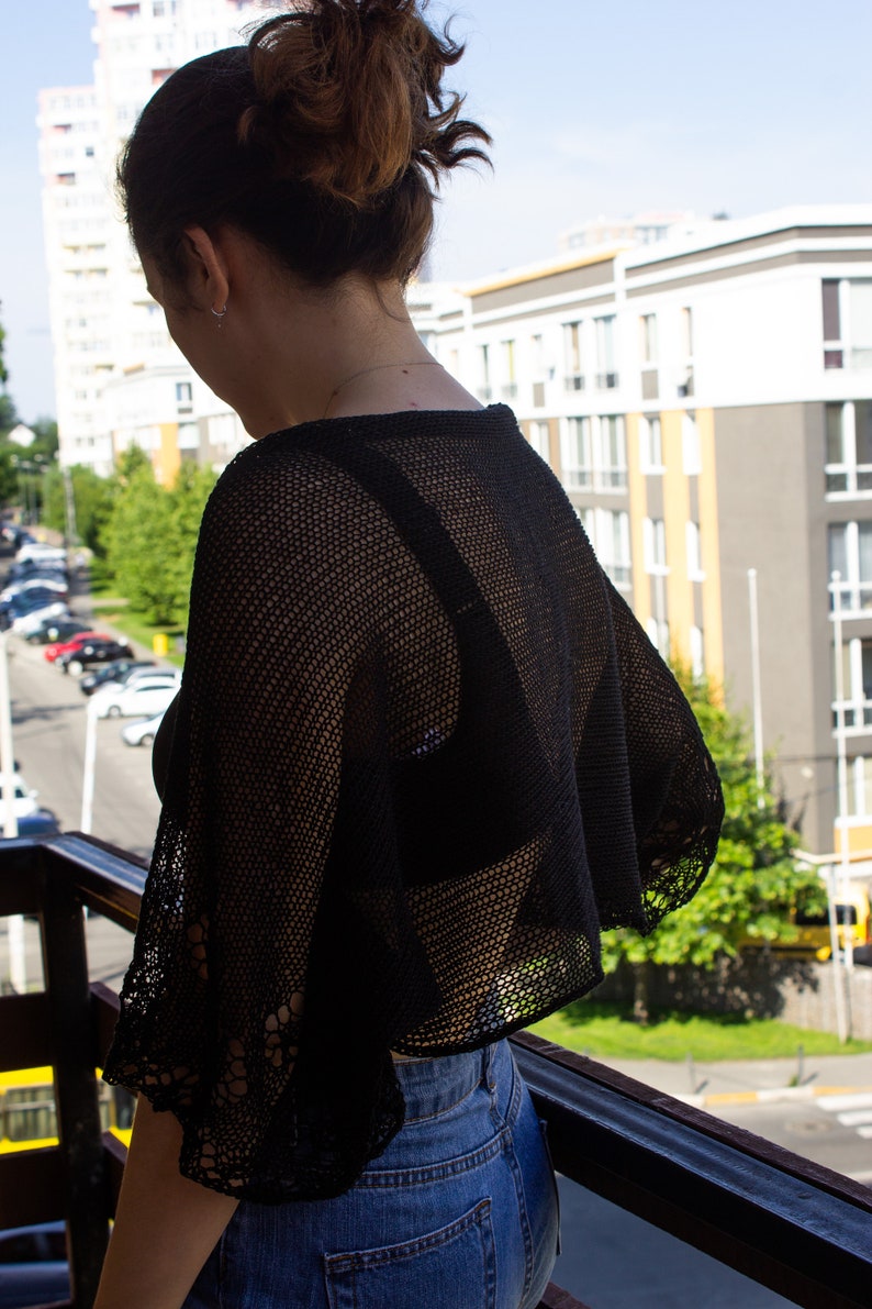 Loose knit summer black cotton bolero shrug Kimono sleeved Etsy