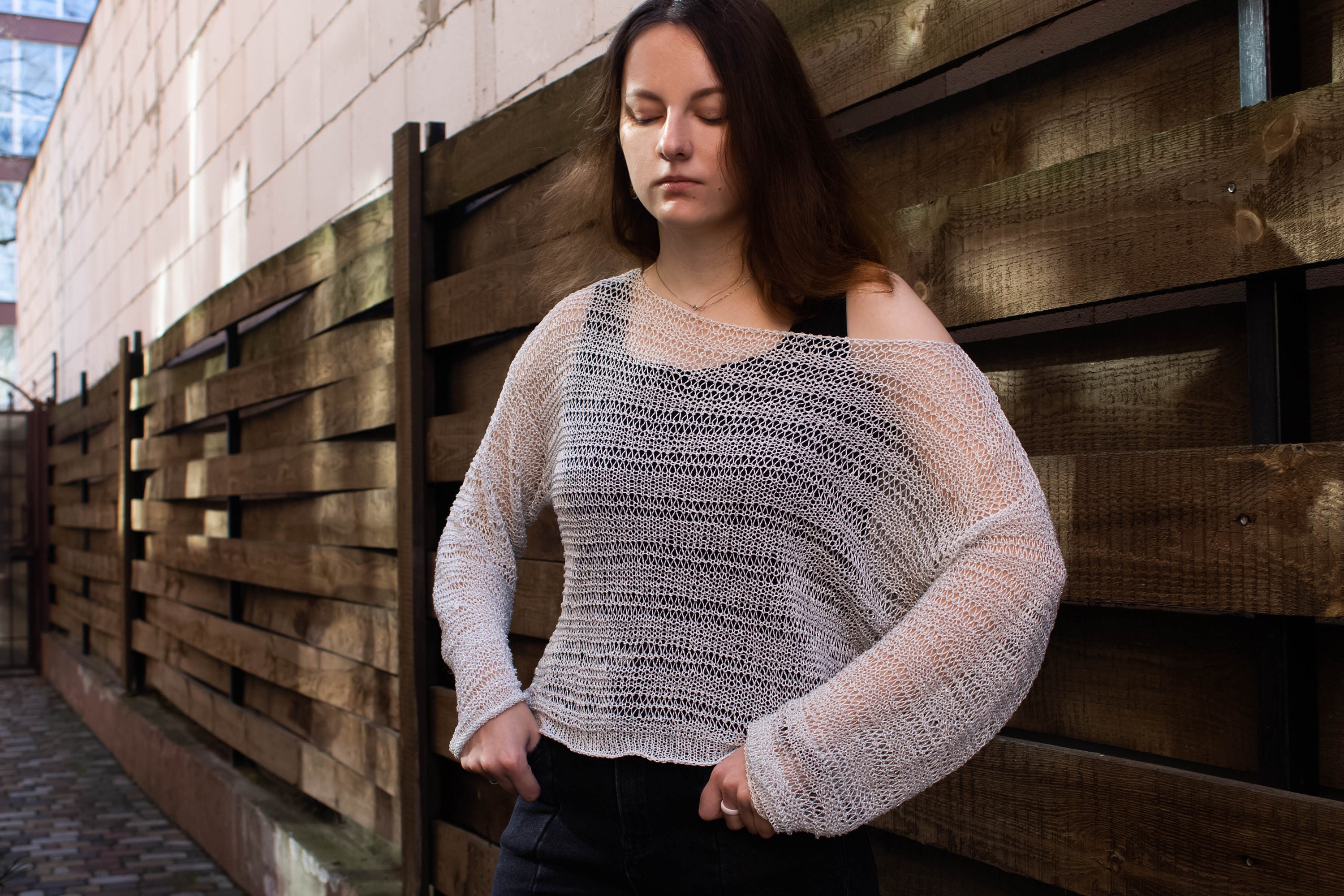 Oversize White Linen Silk Silver Lurex Shiny Sweater off