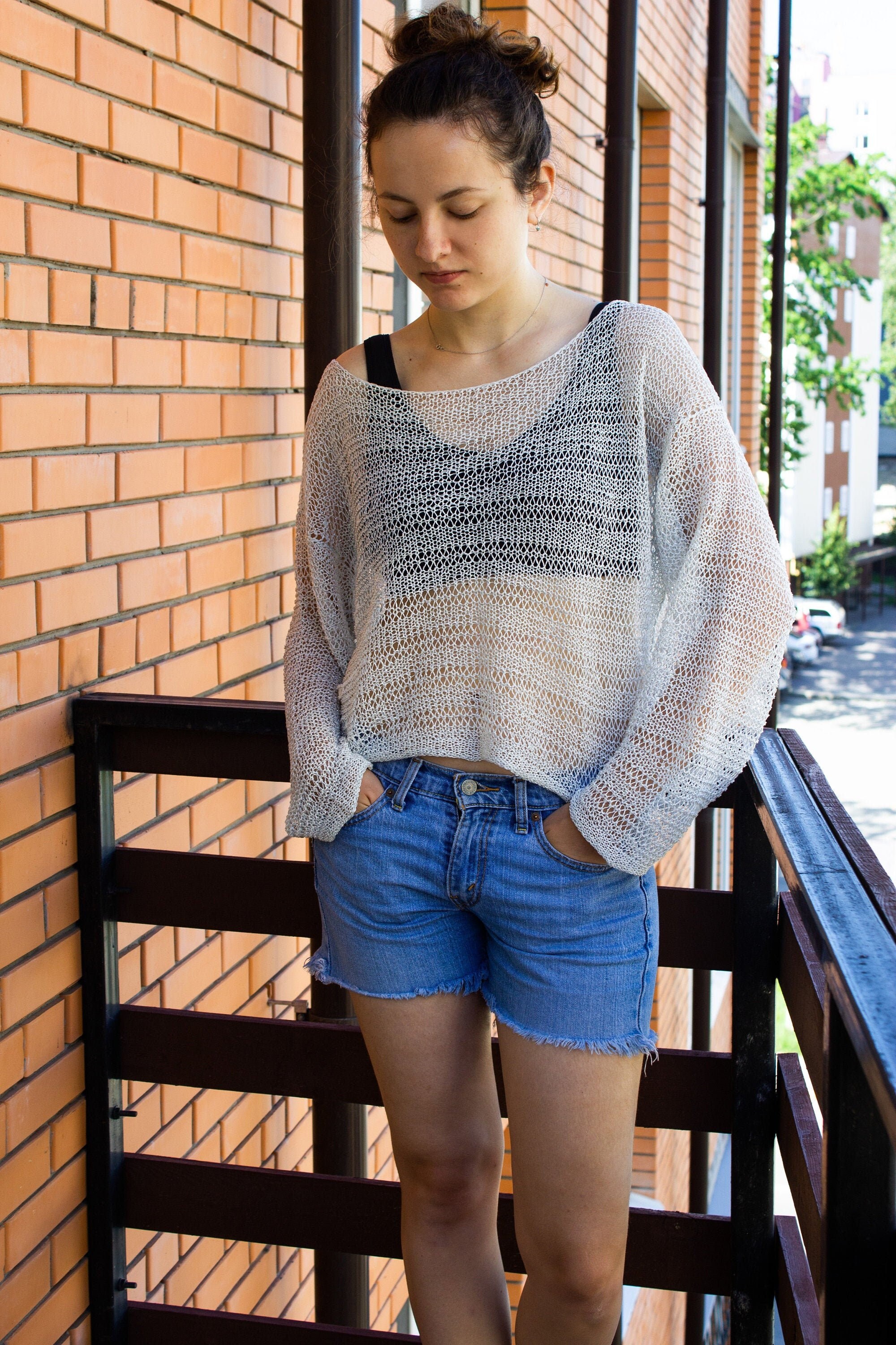 【COSYHARU】Linen Blend Semi Overfit Knit Oversize White Linen Silk Silver Lurex Shiny Sweater off