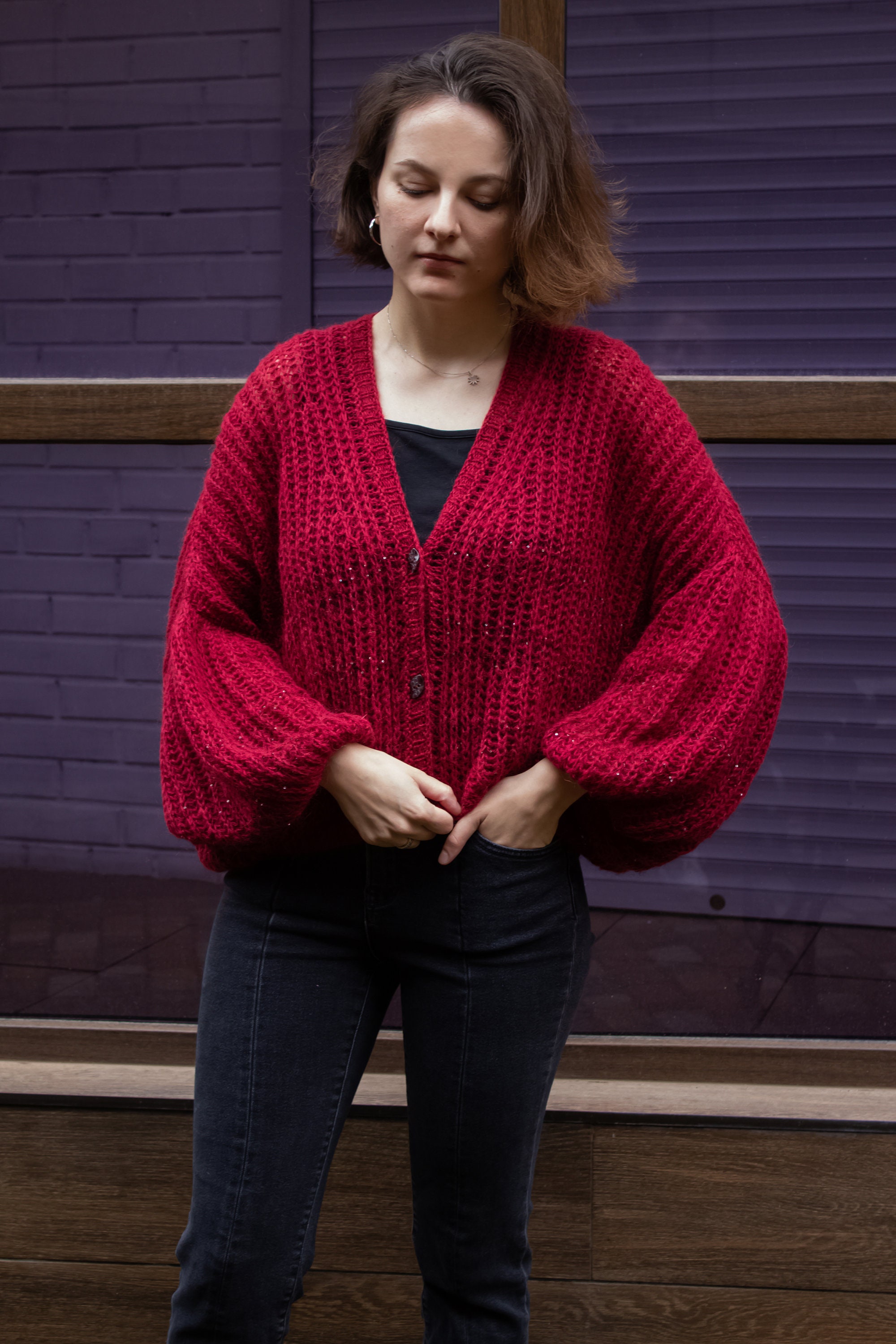 Oversize Cropped Mohair Cardigan Sweater Bomber Red Marsala Oversize Cropped Mohair Cardigan Sweater Bomber Red Marsala