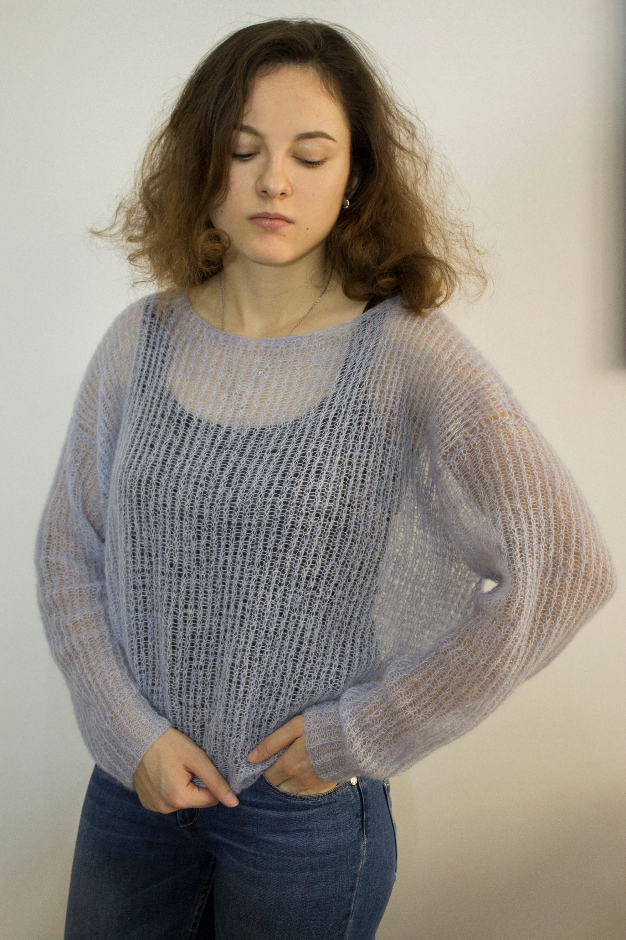 Oversize Sheer Alpaca Short Sweater Jumper Sky Blue, Loose