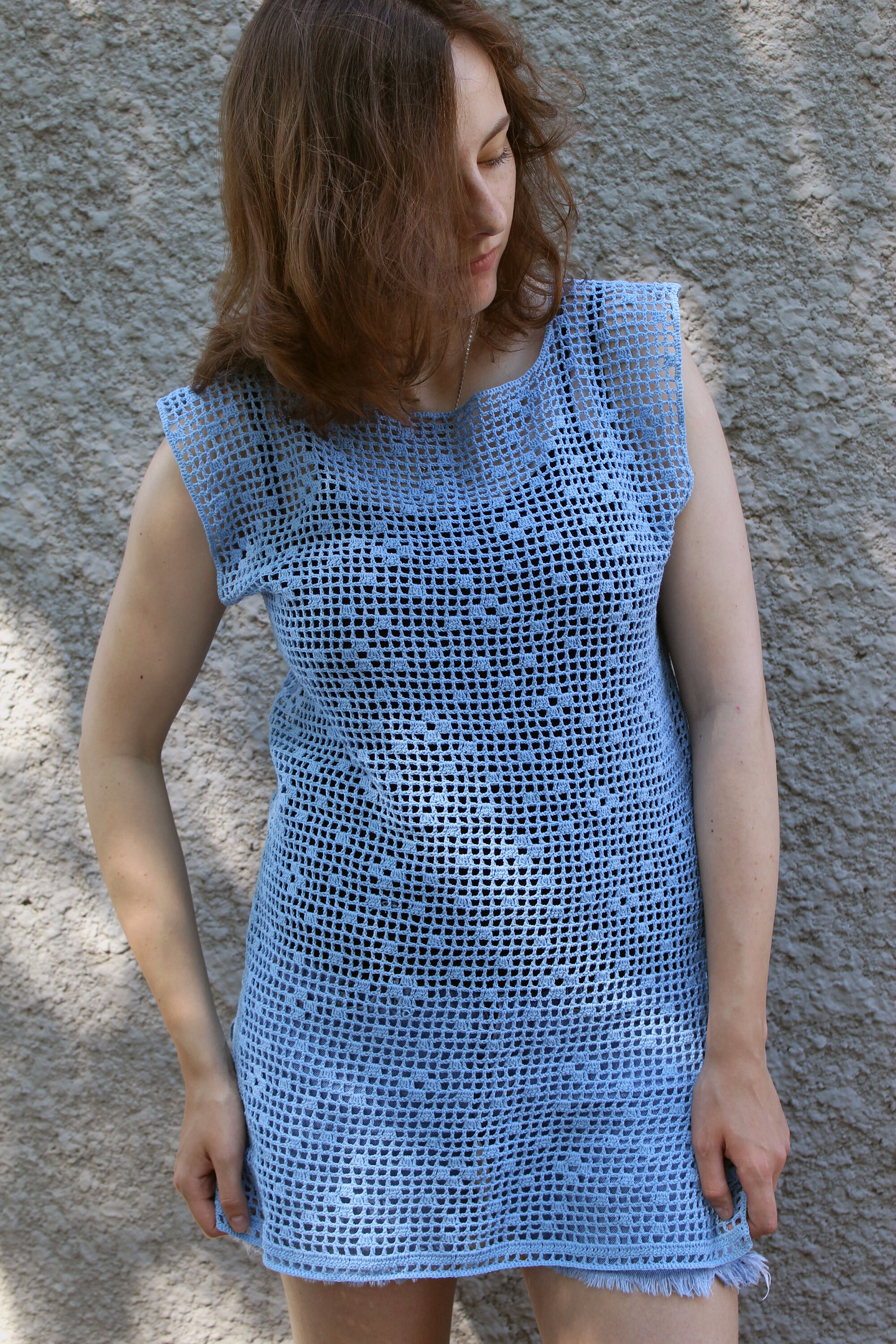 Robe Tunique Chemise De Plage MALVIN En Lin Bleu - Style Bohème Avec Détails Crochet - Taille L - Neuf