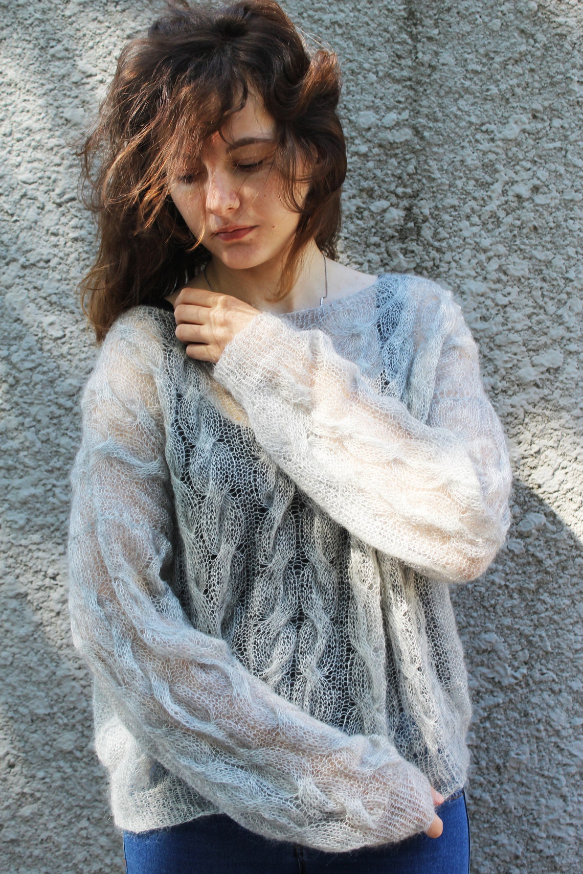 Oversized Cable Knit Fuzzy Mohair Sweater Pullover, Loose Knit Cropped ...