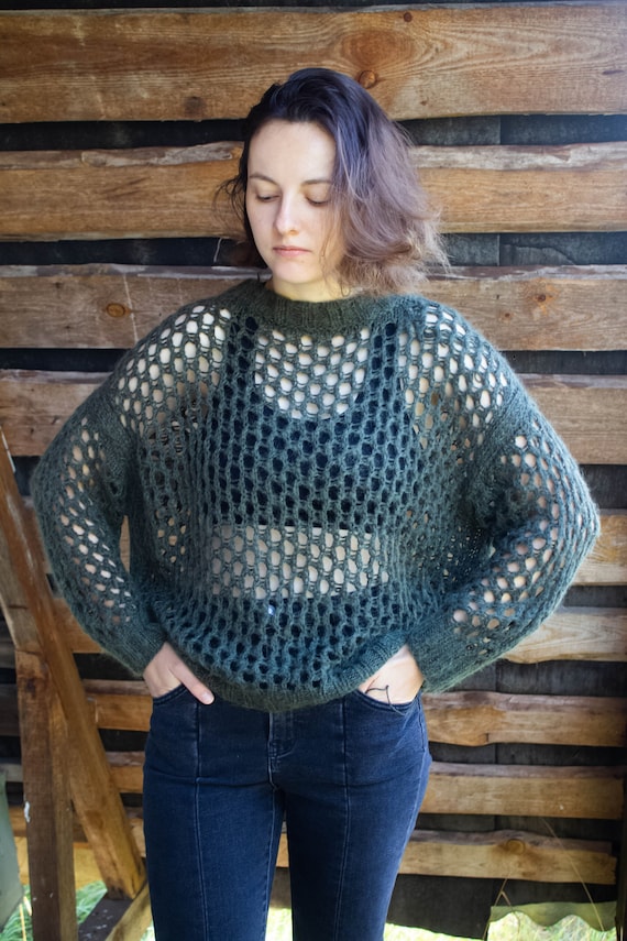 Maglione a rete oversize slouchy alpaca mohair girocollo a maniche