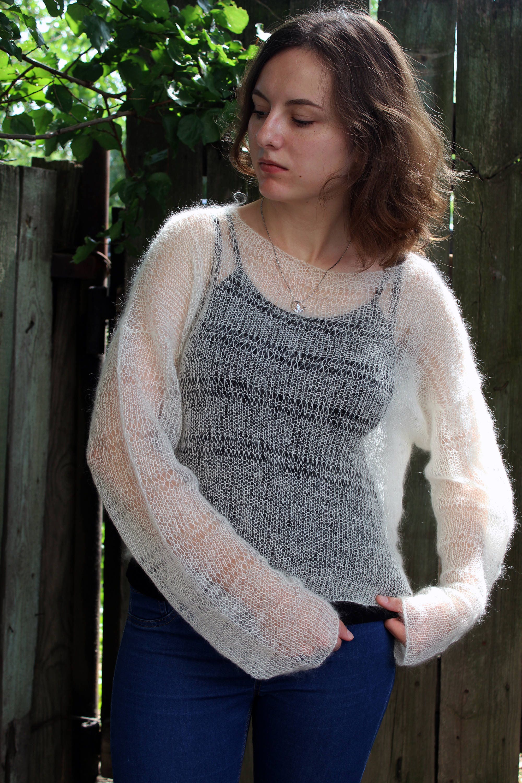 Oversized Sheer Mohair Cropped Sweater Jumper off White, Loose