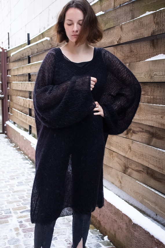 Laine Robe Pull Maxi Longue Robe Pull Longue En Mohair Noir Col V