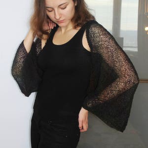 Black Merino Bolero Shrug Kimono Sleeve Loose Knit, Sheer Cropped Cardigan Jacket, Light Summer Cover Up, Boho Wedding Shawl, Evening wrap