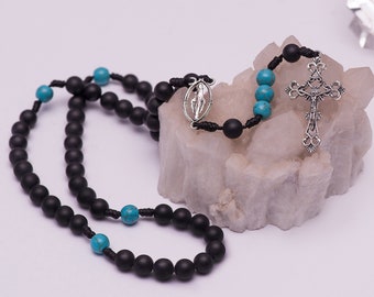 Rosary Catholic Black and Turquoise Beads with Jesus Cross, Gift for Religious Friend, Religious Rosary and Praying Beads