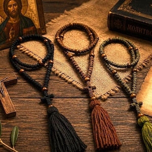 Handmade Orthodox Prayer Rope with Wooden Dividers, 100 Knot Komboskini for Jesus Prayer, Traditional Christian Gift