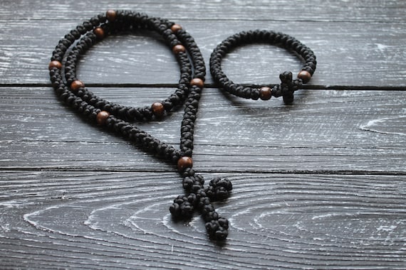 100 knots orthodox rosary Woolen black prayer rope Russian Serbian