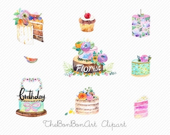May include: Watercolor illustrations of various cakes and cupcakes. The cakes are decorated with flowers, frosting, and sprinkles. One cake has the word "birthday" on top. Another cake has the word "florist" on top.