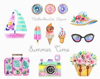 Watercolor summer clipart.Watercolor dessert clipart.beach clipart. Summer Hand paint clipart.Travel Clipart.holiday clipart. glitter flower