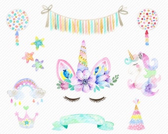 Aquarell Einhorn Clipart. Einhorn bedruckbar. Baby-Dusche-Kids-Party-Clipart. Regenbogen, clipart illustration.diy Baby Geburtstag einladen.