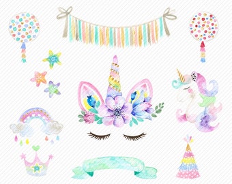 watercolor Unicorn Clipart. Unicorn Printable. Baby Shower Kids Party clipart. rainbow, clipart illustration.diy baby birthday invite.