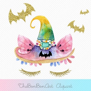 May include: A watercolor illustration of a witch's hat with pink and purple accents, gold glitter, and a bat design. The hat is decorated with flowers and has eyelashes. There are three gold glitter bats in the background.