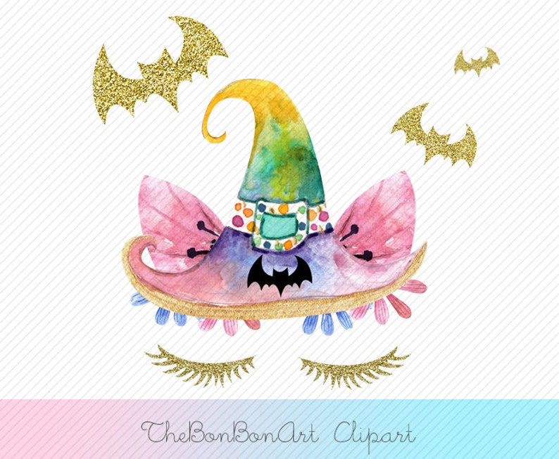May include: A watercolor illustration of a witch's hat with pink and purple accents, gold glitter, and a bat design. The hat is decorated with flowers and has eyelashes. There are three gold glitter bats in the background.