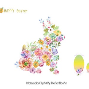 May include: Watercolor illustration of a bunny rabbit made of pastel pink, yellow, blue, and purple flowers. The text "HAPPY Easter" is at the top of the image. Two green and yellow Easter eggs are on the right side of the image.