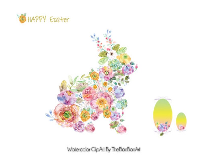 May include: Watercolor illustration of a bunny rabbit made of pastel pink, yellow, blue, and purple flowers. The text "HAPPY Easter" is at the top of the image. Two green and yellow Easter eggs are on the right side of the image.