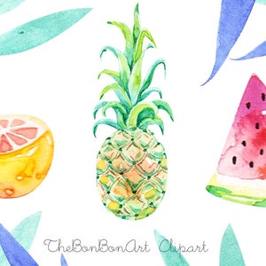 watercolor flower clipart. Tropical Clip Art. summer clipart. hand painted watercolor clip art. Summer floral clipart.Pineapple Clipart