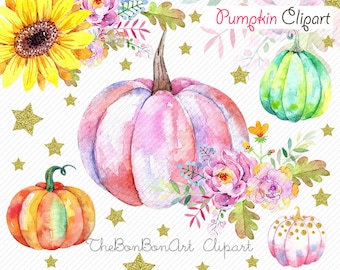 Pumpkin watercolor clipart, Pumpkin clipart,  Autumn clipart, Halloween clipart, orange Leaves, fall clipart, kids party clipart. digital