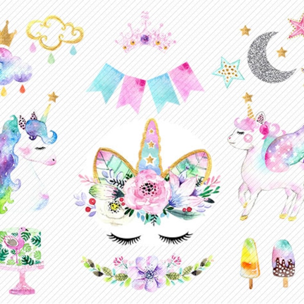 watercolor Unicorn Clipart. Unicorn Printable. Baby Shower Kids Party clipart. rainbow, clipart illustration.diy baby birthday invite.