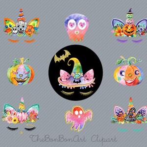 May include: A set of ten watercolor Halloween clip art images featuring a variety of spooky and whimsical characters, including unicorns, pumpkins, ghosts, and owls. The images are perfect for adding a touch of Halloween fun to your crafts, cards, and other projects.