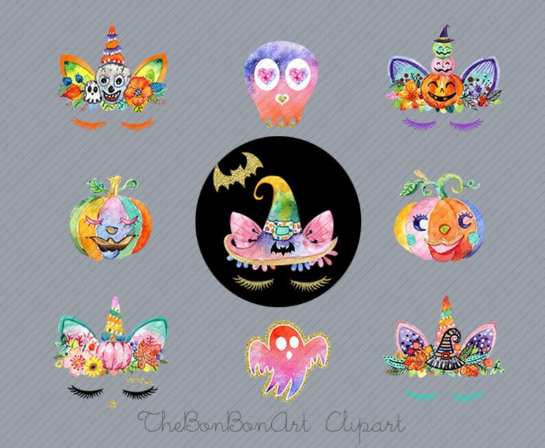 May include: A set of ten watercolor Halloween clip art images featuring a variety of spooky and whimsical characters, including unicorns, pumpkins, ghosts, and owls. The images are perfect for adding a touch of Halloween fun to your crafts, cards, and other projects.