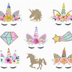 watercolor Unicorn Clipart. Unicorn Printable. Golden Unicorns Gold Glitter Unicorn . rainbow clipart, unicorn face. Glitter clipart.