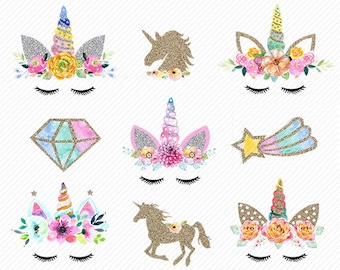 watercolor Unicorn Clipart. Unicorn Printable. Golden Unicorns Gold Glitter Unicorn . rainbow clipart, unicorn face. Glitter clipart.