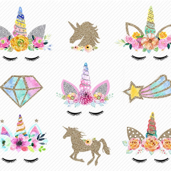 watercolor Unicorn Clipart. Unicorn Printable. Golden Unicorns Gold Glitter Unicorn . rainbow clipart, unicorn face. Glitter clipart.