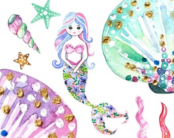 acuarela sirena Clipart. sirena imprimible. Baby Shower Kids Party clipart. ilustración de la fiesta de la sirena. Fiesta de la Sirena. Bajo el mar