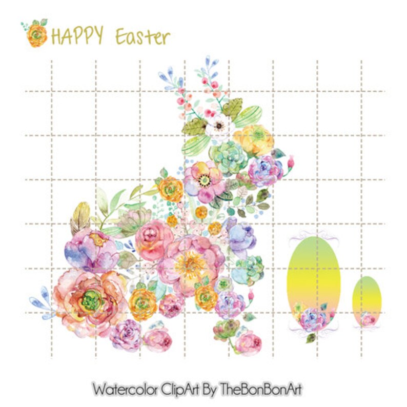 May include: Watercolor clipart featuring a colorful floral arrangement in shades of pink, yellow, and blue. The flowers are arranged in the shape of an Easter bunny. The text "HAPPY Easter" is written in yellow at the top of the image.