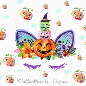 May include: Watercolor illustration of a Halloween unicorn with a stack of pumpkins for a horn. The pumpkins are green, pink, and orange with smiling faces. The unicorn has purple eyelashes and a floral crown.