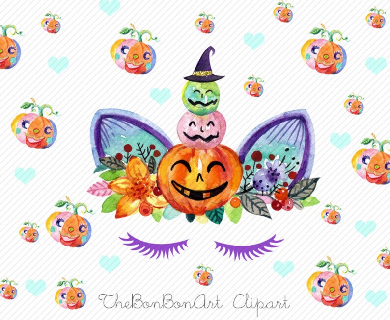 May include: Watercolor illustration of a Halloween unicorn with a stack of pumpkins for a horn. The pumpkins are green, pink, and orange with smiling faces. The unicorn has purple eyelashes and a floral crown.