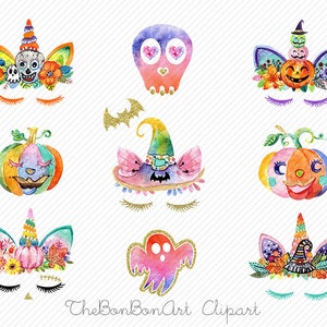 May include: A set of nine watercolor illustrations featuring Halloween themes. The illustrations include a unicorn with a skull and flowers, a pumpkin with a witch's hat, a ghost, a skull with hearts, a pumpkin with a clown face, a pumpkin with a witch's hat, a unicorn with a witch's hat, a pumpkin with a jack-o'-lantern face, and a unicorn with a skull and flowers.