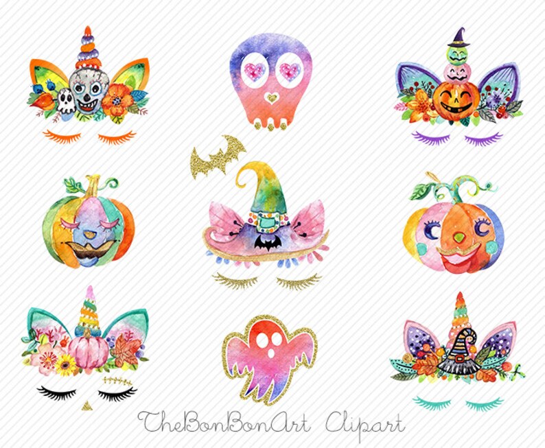 May include: A set of nine watercolor illustrations featuring Halloween themes. The illustrations include a unicorn with a skull and flowers, a pumpkin with a witch's hat, a ghost, a skull with hearts, a pumpkin with a clown face, a pumpkin with a witch's hat, a unicorn with a witch's hat, a pumpkin with a jack-o'-lantern face, and a unicorn with a skull and flowers.