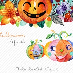 May include: Watercolor clipart featuring three pumpkins with different facial expressions. The pumpkins are decorated with colorful patterns and details. The text "Halloween Clipart" is written below the pumpkins.