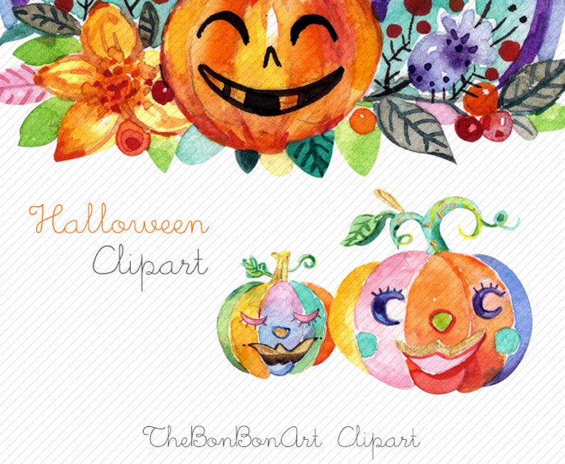 May include: Watercolor clipart featuring three pumpkins with different facial expressions. The pumpkins are decorated with colorful patterns and details. The text "Halloween Clipart" is written below the pumpkins.